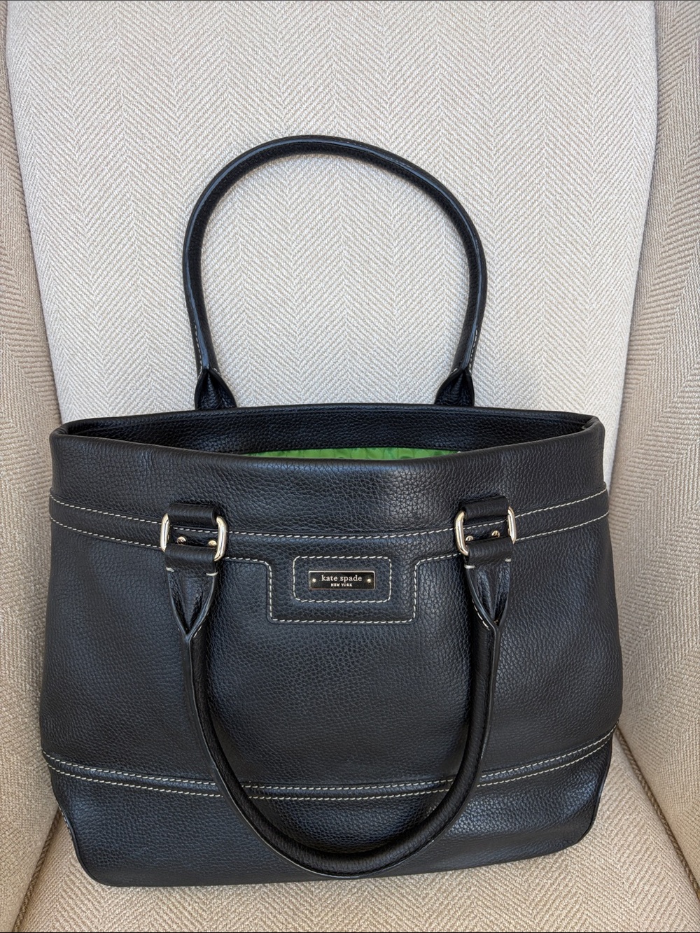 kate spade Black Pebbled Leather Tote with Contrast Stitching